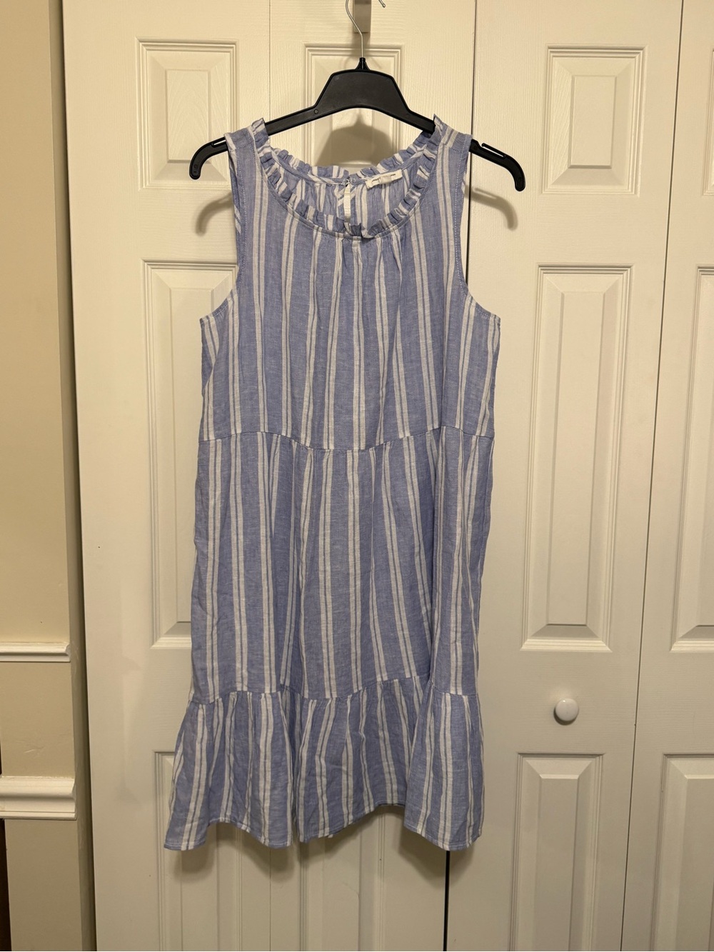 Girls Blue & White Striped Sleeveless Tiered Dress